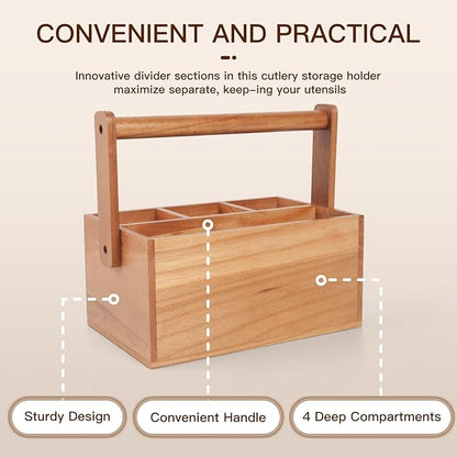 Silverware Caddy with Handle Acacia Paper Plate Holders Wooden Utensil Holder Mulip-Purpose Organizer Picnic Utensil Caddy for Party Home Kitchen Office Bathroom Bedroom RV