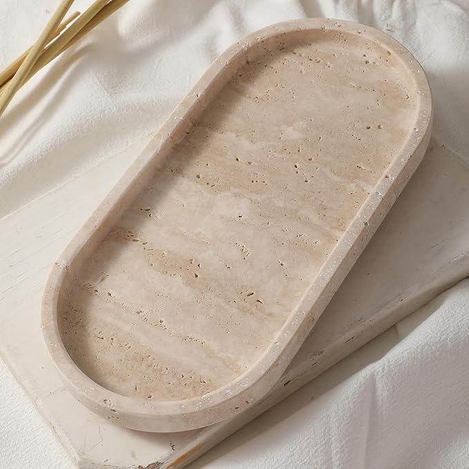 CHISELED ST DF SK Natural Travertine Oval - 10x5 Inch Bathroom and Vanity Marble Small Tray for Soap Bottle, Perfume, Aromatherapy and Jewelry Accessories - Countertop Tray with Non-Slip Raised Base