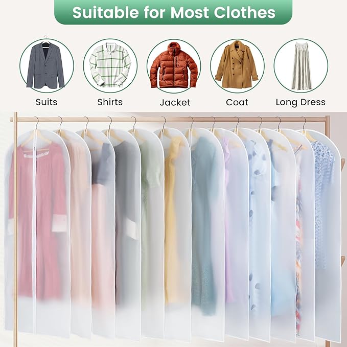 Carbrea 12 Pack Garment Bags for Hanging Clothes - Translucent Dress Bag for Closet Wardrobe Storage Travel - 24" x 57"