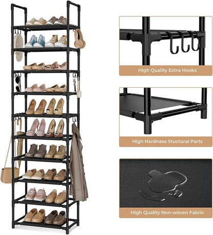 VTRIN 10 Tiers Tall Shoe Rack Holds 20-25 Pairs of Shoes Sturdy Vertical Shoe Organizer with 18pcs Hooks Stackable Narrow Shoe Rack for Closet, Entryway Black
