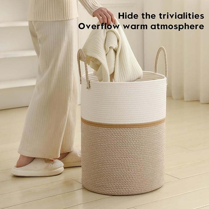 Laundry Basket Hamper Tall Rope Storage Woven for Blanket toys Dirty Clothes in Living Room Bathroom Bedroom (Blend White & Camel, 60L/15.8Gal)