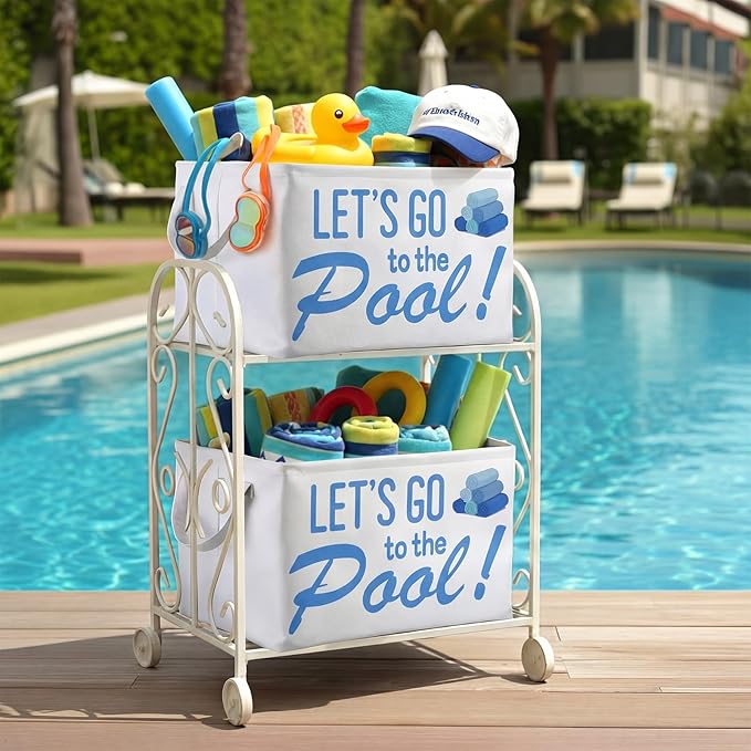 Yungyan Let's Go to The Pool Towel Storage Basket Bin and Organizer Large Pool Towel Storage Basket Waterproof Canvas Cube with Handle Beach Gift for Outdoor Summer Seaside Home Clothes Book Toy