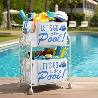 Yungyan Let's Go to The Pool Towel Storage Basket Bin and Organizer Large Pool Towel Storage Basket Waterproof Canvas Cube with Handle Beach Gift for Outdoor Summer Seaside Home Clothes Book Toy