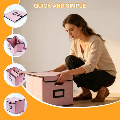Large Square Storage Bin with Lid, Foldable Organizer Box with Handles & Label Design, for Office, Closet, Home, Documents, Pink, 12.20 x 10.63 x 10.63 Inches, 1 Pack
