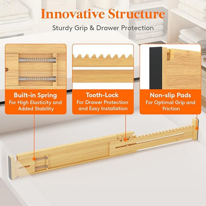 Lifewit 2.36" High 5 Pack Bamboo Drawer Dividers, 14.2-22" Expandable Kitchen Drawer Dividers, Adjustable Drawer Dividers for Clothes, Drawer Separators for Dresser, Kitchen, Bedroom, Bathroom
