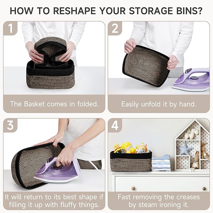 3-Pack Shelf Baskets for Organizing, Closet Organizer Bins, Small Woven Baskets, Rope Toy Basket, Storage Basket for Shelves, Cube Decorative Box, 11.8×7.8×5.1”, Black Brown
