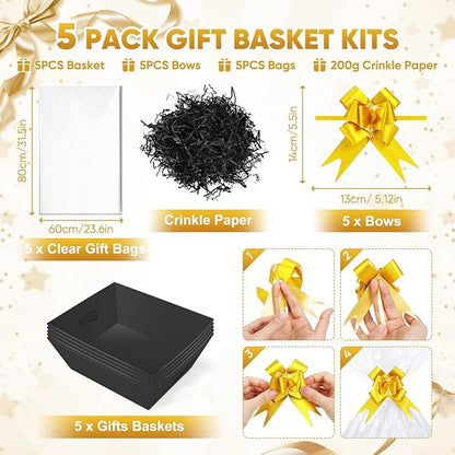 5 Pack Baskets For Gifts Empty, 10x12” Black Gift Basket Kit with Clear Bags Gold Bows 200g Crinkle Cut Paper Empty Gift Baskets to Fill Large Gift Baskets for Christmas, Birthdays, Holidays, Weddings