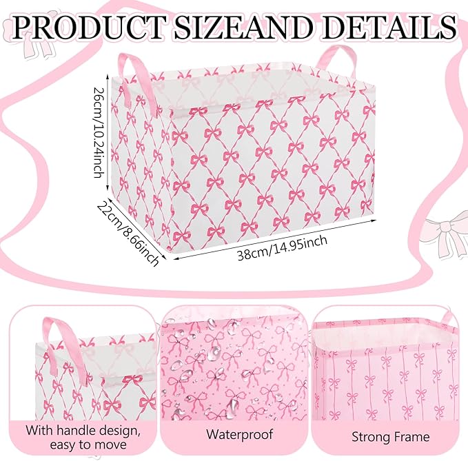 Geelin 3 Pcs Pink Bow Storage Baskets, Foldable Cute Pink Storage Bins with Handles, Coquette Preppy Girly Organizer Boxes for Closet Shelf Nursery Bedroom Decorative Room Decor