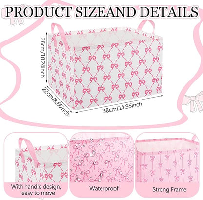 Geelin 3 Pcs Pink Bow Storage Baskets, Foldable Cute Pink Storage Bins with Handles, Coquette Preppy Girly Organizer Boxes for Closet Shelf Nursery Bedroom Decorative Room Decor