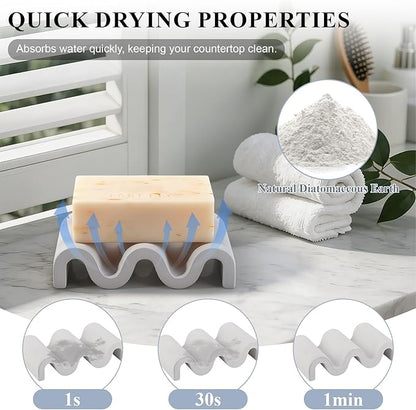 Diatomite Soap Dish Quick Drying Bar Soap Holder Draining Soap Saver Rack Wave Pattern Sponge Tray for Bathroom Sink, Shower, Kitchen, Light Grey