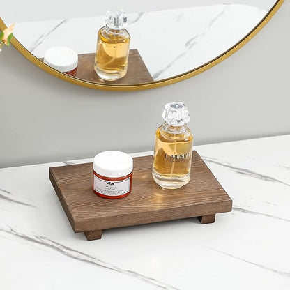 Bathroom Counter Organizer Wood Pedestal Stand Farmhouse Decorative Tray Soap Holder for Kitchen Decor, 9" x 6" - Walnut