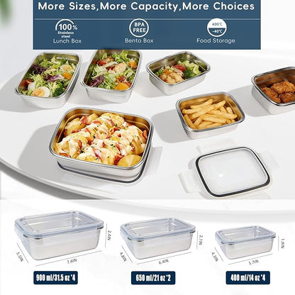 10PCS 304 Stainless Steel Food Storage Containers with Airtight Leakproof Lids, Stackable Bento Lunch Box for Meal Prep, Reusable Metal Containers, Oven/Dishwasher/Freezer Safe(31.5/21/14 Oz)