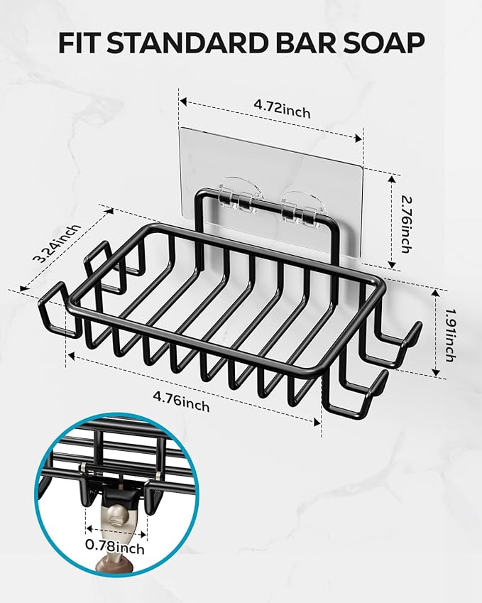 Nieifi Soap Dish Holder with 4 Hooks Stainless Steel Black Adhesive for Shower, Bathroom