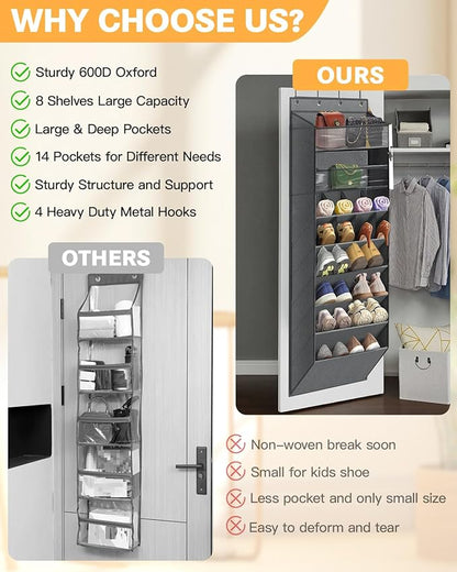 Over The Door Shoe Storage Organizer, 8 Tiers Hanging Shoe Rack Behind Door Shoe Holder with 6 Large Deep Pockets 8 Small Pockets, Narrow Shoe Rack for Closet Bedroom Bathroom Nursery RV Dorm, Grey