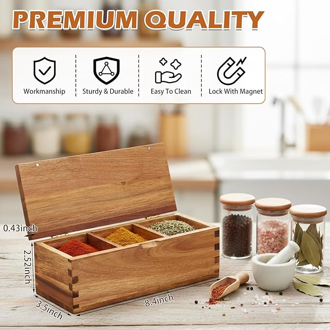 Acacia Wood Salt Cellar Spice Box with Magnetic Lid 29oz Large Capacity Salt Organizer 3 Compartments for Kitchen Countertop, Pepper, Seasonings, Spices, Grilling & Cooking