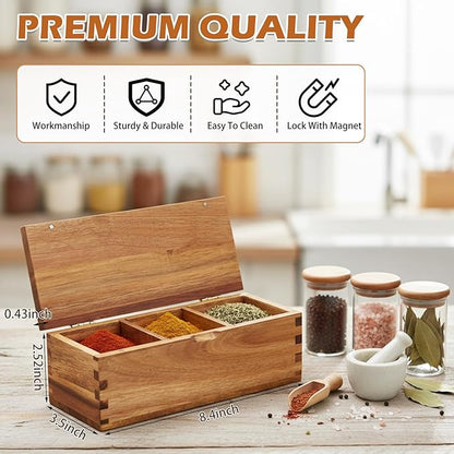 Acacia Wood Salt Cellar Spice Box with Magnetic Lid 29oz Large Capacity Salt Organizer 3 Compartments for Kitchen Countertop, Pepper, Seasonings, Spices, Grilling & Cooking