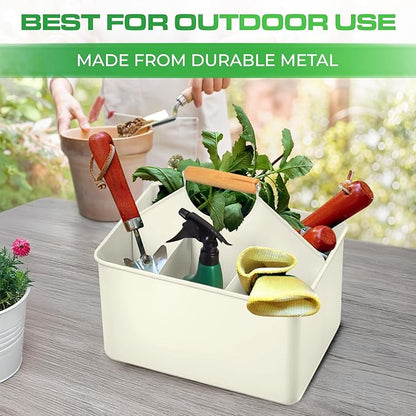 Plexon Metal Utensil Caddy With Handle - Farmhouse Rustic Kitchen Utensil Holder for Party Picnic Table Garden - Tool Cutlery Flatware Silverware Caddy Organizer Storage, Off-White