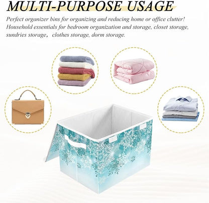 Senya Collapsible Storage Bins with Lids, Silver Winter Teal Turquoise Snowflakes Christmas Storage Boxes Clothes Baskets for Organizing