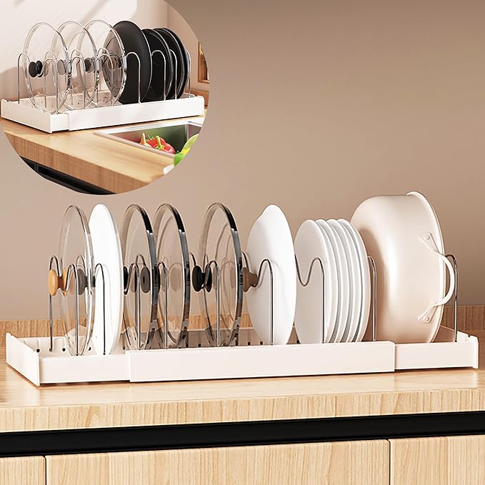 Pots and Pans Organizer Under Cabinet Expandable Pot Lid Holder with 10 Adjustable Dividers Pot Rack for Kitchen Storage Cutting Boards, Bakeware, Lid, White