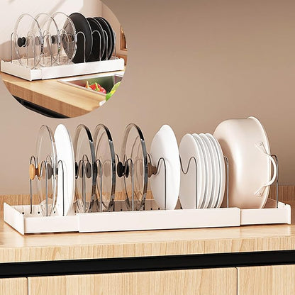 Pots and Pans Organizer Under Cabinet Expandable Pot Lid Holder with 10 Adjustable Dividers Pot Rack for Kitchen Storage Cutting Boards, Bakeware, Lid, White
