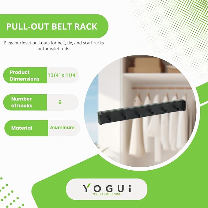 Design-R Pull-Out Belt Rack for Belts, Ties and Scarves, Accessories Storage Hanger with Mounting Hardware (Matte Black)
