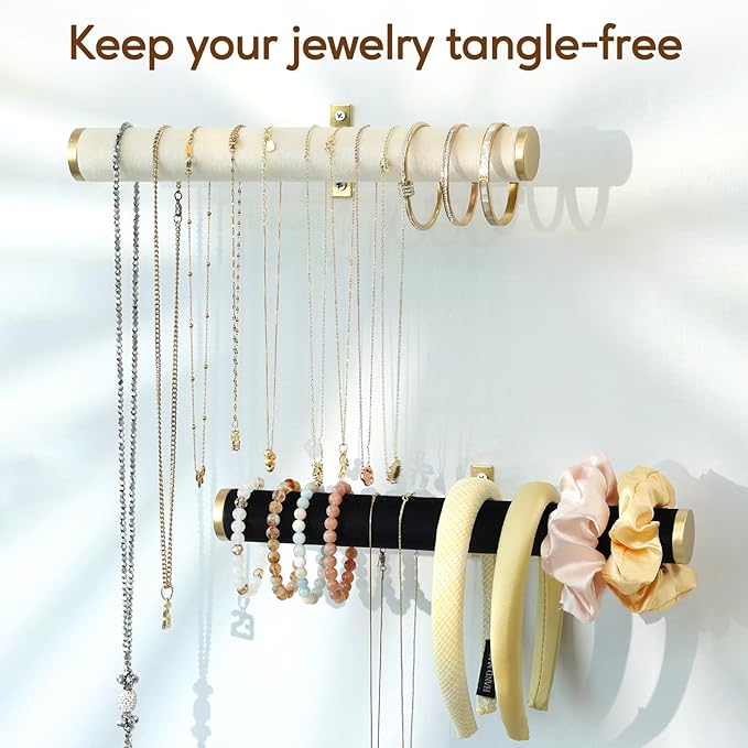 Velvet Necklace Holder Wall Jewelry Organizer, 12" Hanging Necklace Organizer, 2 Pack Wall Mounted Necklace Hanger for Bracelets Bangles Display,Beige