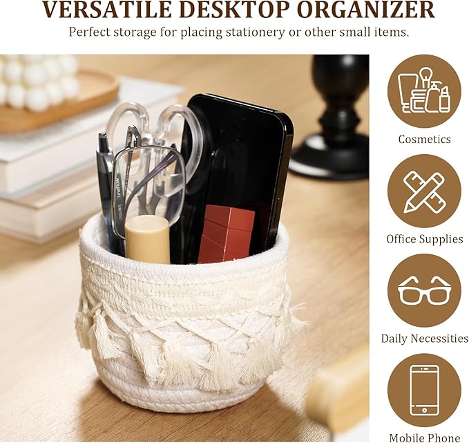 HEAVYWOOD Macrame Makeup Brush Holder Organizer 3.9x3.9 Mini Makeup Containers Boho Small Round Storage Basket Tassels Fringe Decorative Pencil Holder Set of 2 (Cream, 3.9x3.9)