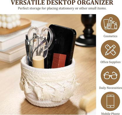 HEAVYWOOD Macrame Makeup Brush Holder Organizer 3.9x3.9 Mini Makeup Containers Boho Small Round Storage Basket Tassels Fringe Decorative Pencil Holder Set of 2 (Cream, 3.9x3.9)