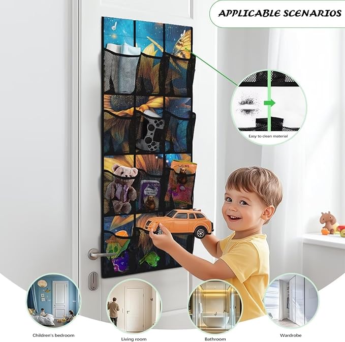 Butterfly Sunflower Over the Pantry Door Organizer - 12 Clear Pockets for Spices, Utensils, Snacks