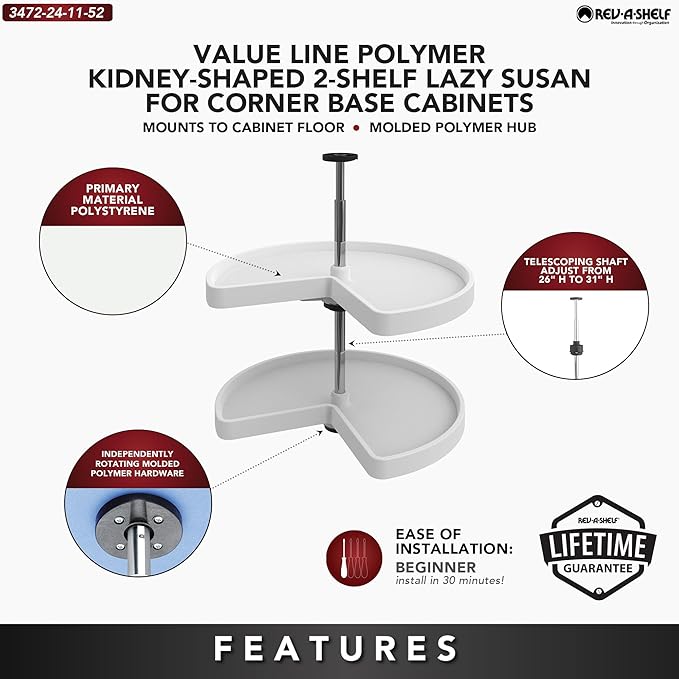 Rev-A-Shelf 24" Kidney Shaped Dual Tier Lazy Susan Organizer for Corner Base Kitchen Cabinets, Plastic Home Storage Shelves, 24" W x 14.31" D x 26" H, White, 3472-24-11-52