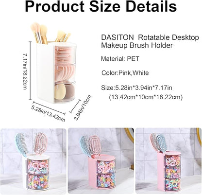 DASITON 3-Layer Makeup Brush Holder with Hair Accessories Organizer, Rotatable Desktop Organizer Case for Hair Clip, Makeup Sponge, Jewelry and Hair Accessories, Hair Brush Holder for Vanity (White)