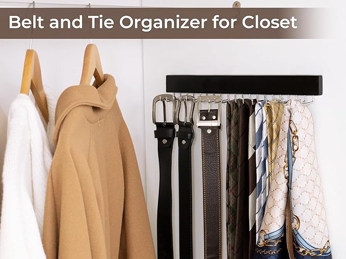 StorageWorks Tie Rack with 20 Hooks, 2-Pack Wall-Mounted Wooden Hangers for Neckties, Belts, Hats, Black