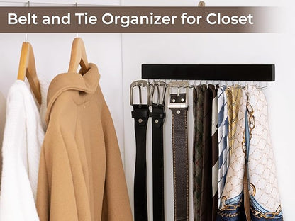 StorageWorks Tie Rack with 20 Hooks, 2-Pack Wall-Mounted Wooden Hangers for Neckties, Belts, Hats, Black