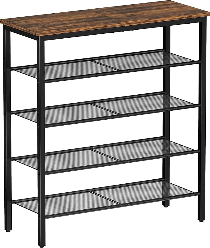 Shoe Rack, 5-Tier Shoe Storage Organizer with 4 Metal Mesh Shelves for 15-20 Pairs, Free Standing Shoe Racks, for Entryway, Hallway, Closet, Dorm Room, Industrial, Rustic Brown