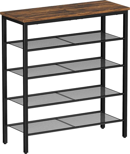 Shoe Rack, 5-Tier Shoe Storage Organizer with 4 Metal Mesh Shelves for 15-20 Pairs, Free Standing Shoe Racks, for Entryway, Hallway, Closet, Dorm Room, Industrial, Rustic Brown