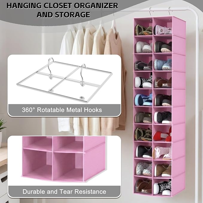 Hanging Shoe Organizer for Closet, 20 Sections Hanging Closet Organizers and Storage Shelves, Space Saving Shoe Storage Rack Holder, Pink, 12''W×12''Dx 50''H