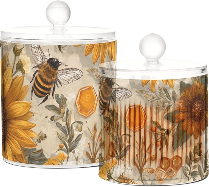 2 Pack Qtip Dispenser Apothecary Jars with Lids Cotton Round Holder Bathroom Canisters for Cotton Swab Floss Ball Pads Clear Plastic Decorative Vintage Bees Sunflowers Daisy