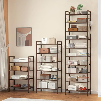 usikey 10 Tiers Narrow Shoe Rack 20-30 Pairs, Sturdy Metal Tall Shoe Rack Shelf with 4 Hooks, Slim Shoe Storage with Metal Shelf, Space Saving Vertical Shoe Organizer for Entryway Bronze UNYXJX018A