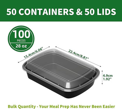Meal Prep Containers, 50 Pack 28oz (100-Piece) Disposable Take Out Food Storage Containers with Leakproof Lids, Reusable Plastic To Go Lunch Boxes, BPA Free, Microwave/Dishwasher/Freezer Safe