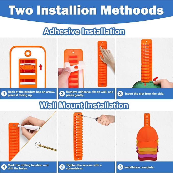 NAZZO Hat Racks for Wall, Hat Holder for Baseball Caps, Adhesive or Drilling Double Use Hat Display Hooks, Hat Organizer for Men Boys Bedroom Accessories, 2Pack Holds Up to 32 Caps, Orange
