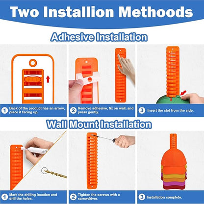 NAZZO Hat Racks for Wall, Hat Holder for Baseball Caps, Adhesive or Drilling Double Use Hat Display Hooks, Hat Organizer for Men Boys Bedroom Accessories, 2Pack Holds Up to 32 Caps, Orange