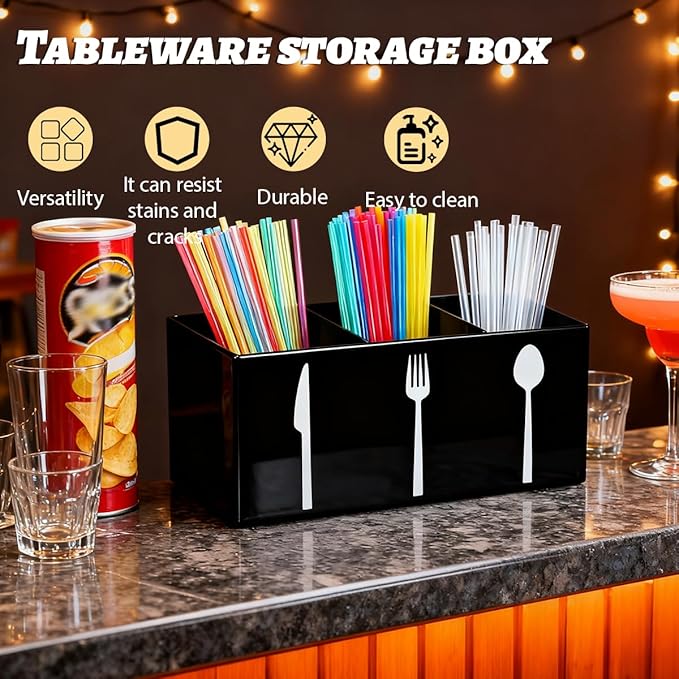 Black Acrylic Cutlery Storage Organizer,Plastic Silverware Holder,Silverware Caddy 3 Section Tableware Plastic Holder for Kitchen Storage Indoor Outdoor Decoration Supplies