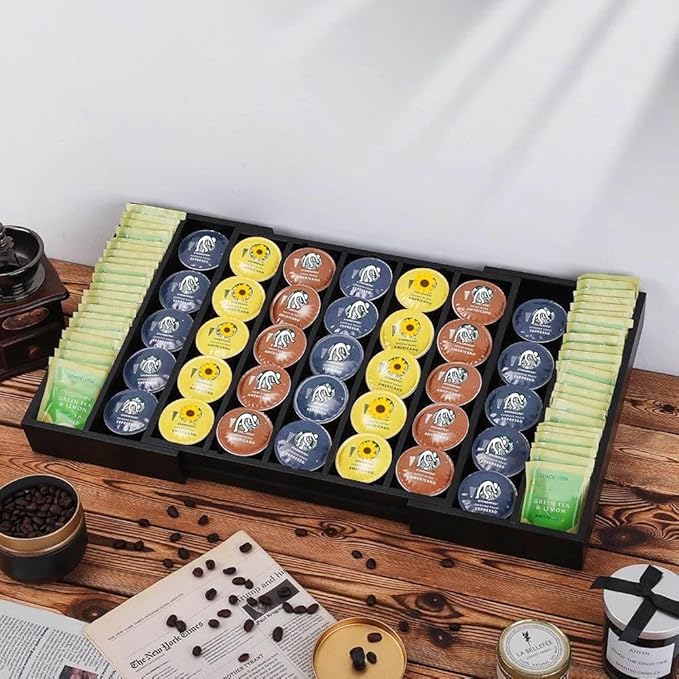 K Cup Holder Bamboo Coffee Pod Holder Drawer Organizer, Expandable K Cup Pod Storage Tea Bag Storage for Coffee Station Home Office and Kitchen （Black)