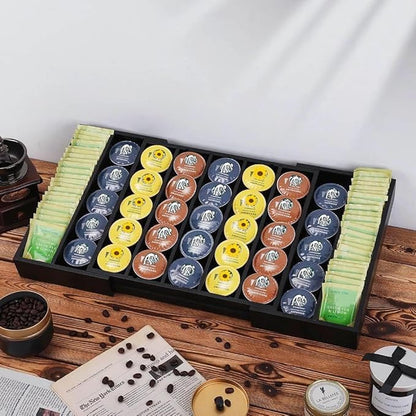 K Cup Holder Bamboo Coffee Pod Holder Drawer Organizer, Expandable K Cup Pod Storage Tea Bag Storage for Coffee Station Home Office and Kitchen （Black)