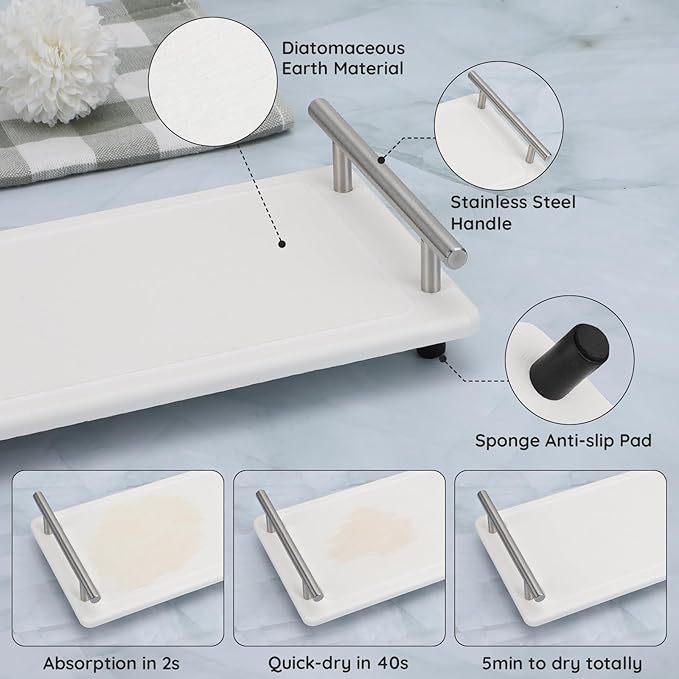 Segbeauty 12x6in Quick Dry Stone Sink Tray, Water Absorbent Instant Drying Diatomite for Bathroom, Countertop Organizer Rack Kitchen Caddy, Soap Dispenser Vanity Trays