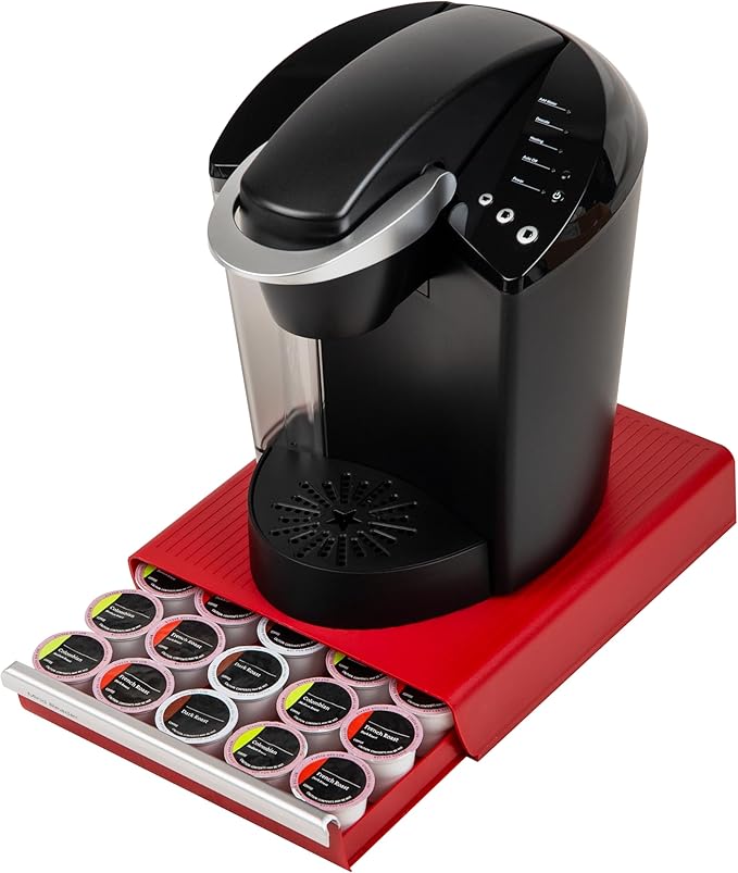 Mind Reader Single Serve Coffee Pod Drawer, 30 Pod Capacity, 5 Row Organizer with 2 Inch Dividers, Countertop Storage Base (Coffee Maker Not Included), Red