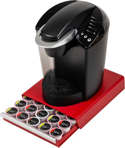 Mind Reader Single Serve Coffee Pod Drawer, 30 Pod Capacity, 5 Row Organizer with 2 Inch Dividers, Countertop Storage Base (Coffee Maker Not Included), Red