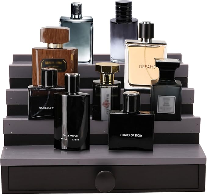 Black Grey Cologne Organizer for Men - 4 Tier Wooden Cologne Display Stand with Drawer and Hidden Compartment, Mens Cologne Perfume Holder Shelf for Organizing and Storing