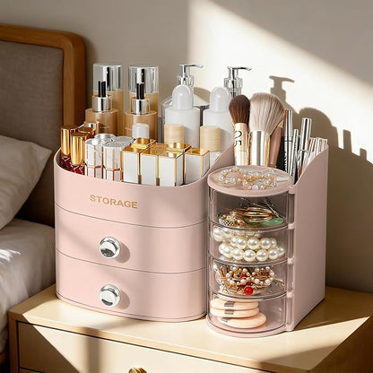 XIAPIA Makeup Organizer Countertop, Make Up Organizer for Vanity, Skincare & Cosmetic Organizers with Drawers, Bathroom Organizers Storage for Brush Holder|Lipstick|Jewelry, Ideal Gift for Women PINK