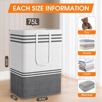 2 Pack Large Laundry Baskets, Laundry Hampers, Freestanding Waterproof Collapsible Clothes Bags with Reinforced Handles - Foldable Dirty Clothes Basket for Dorm, Bathroom, Room (Grey/75L)